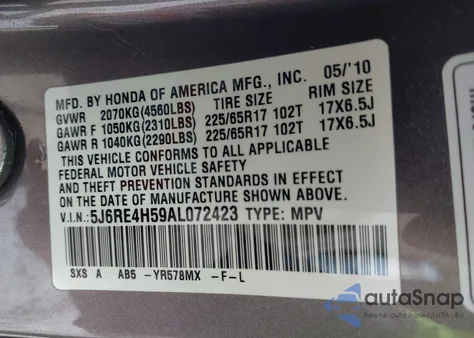 2010 Honda Cr-V Ex from USA, damaged, VIN 5J6RE4H59AL072423